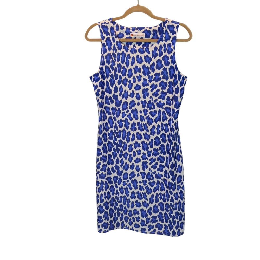 Jude Connally Sz L Blue Beth Leopard Ponte Stretch Sleeveless Shift Sheath Dress